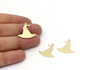 May include: Three gold-colored metal witch hat charms. The charms are in the shape of a witch's hat with a pointed top and a wide brim. The charms are perfect for adding a touch of whimsy to jewelry or crafts.