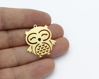 24k Gold Plated Owl Pendant, Owl Charm, Owl Earrings, Gold Plated Animal Jewelry, Bird Jewelry, Laser Cut Findings, 27x29mm, SH-1918