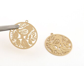 2 Pcs Raw Brass Bird Charm, Brass Bird and Leaf Pendant, Bird Necklace on Branch, Round Nature Jewelry, Brass Findings, 29x32mm, SH-208