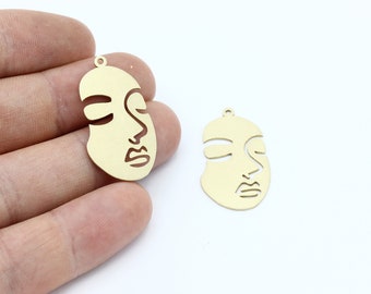 2 Pcs Raw Brass Abstract Face Charm, Face Pendant, Outline Face Earrings, Face Silhouette Jewelry, Laser Cut Findings, 18x32mm, SH-2493