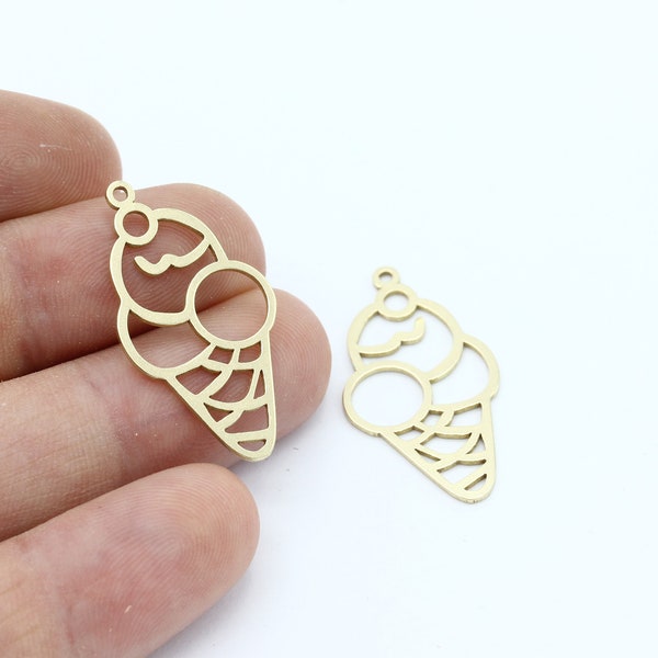 2 Pcs Raw Brass İce Cream Pendant, Ice Cream Cone Charm, Ice Cream Earrings, Summer Charm, Earring Findings, Laser Cut Findings, SH-2479