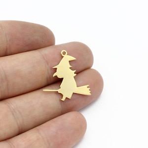 2 Pcs 24k Gold Plated Witch Earrings, Witch Broomstick Pendant, Witch Broomstick Charm, Spooky Charms, Halloween Pendant, 23x23mm, SH-2254