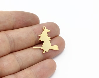 2 Pcs 24k Gold Plated Witch Earrings, Witch Broomstick Pendant, Witch Broomstick Charm, Spooky Charms, Halloween Pendant, 23x23mm, SH-2254