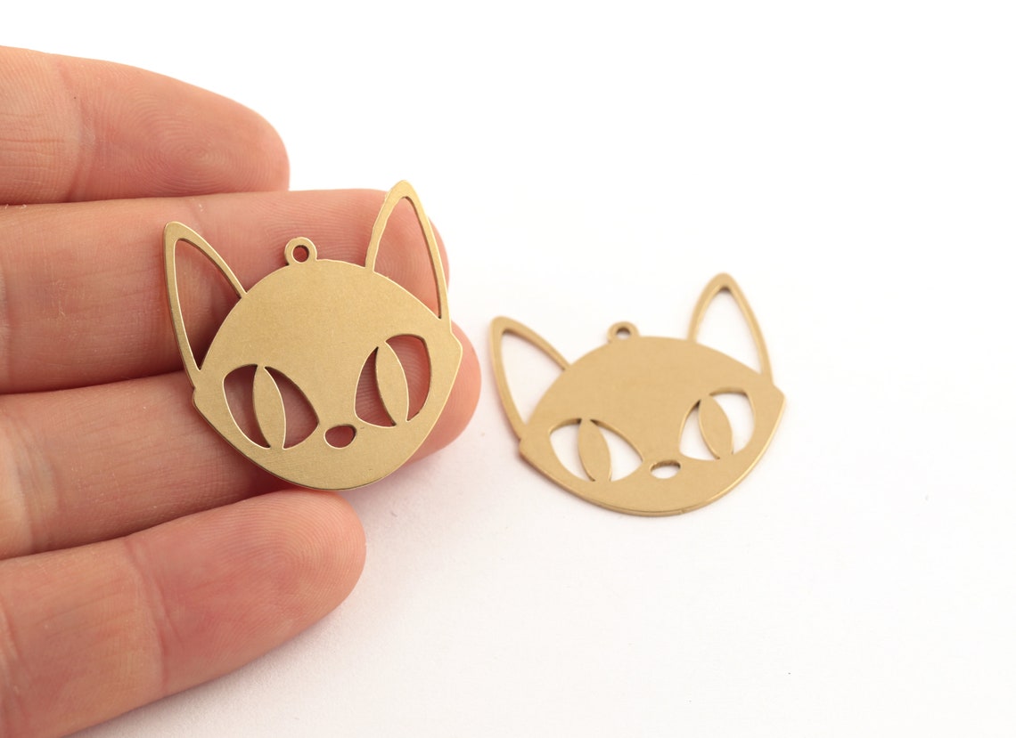 2 Pcs Raw Brass Laser Cut Cat Head Charms Cat Pendant Raw Etsy