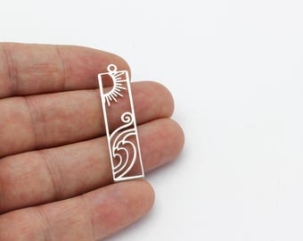 May include: Silver charm with a cutout design of a sun and waves. The charm is rectangular and has a hole at the top for attaching to a bracelet or necklace.