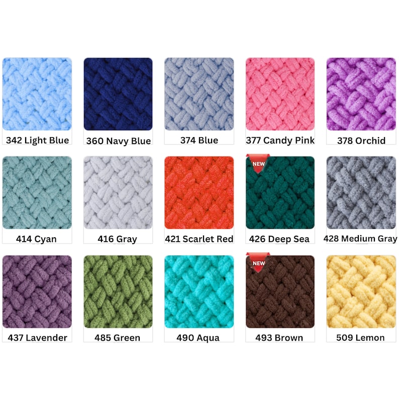 Puede incluir: Una colecci&oacute;n de hilo de punto grueso y colorido en varios tonos. Los colores incluyen azul claro, azul marino, azul, rosa, morado, cian, gris, rojo, verde, aguamarina, marr&oacute;n y amarillo. Cada color est&aacute; etiquetado con un n&uacute;mero.