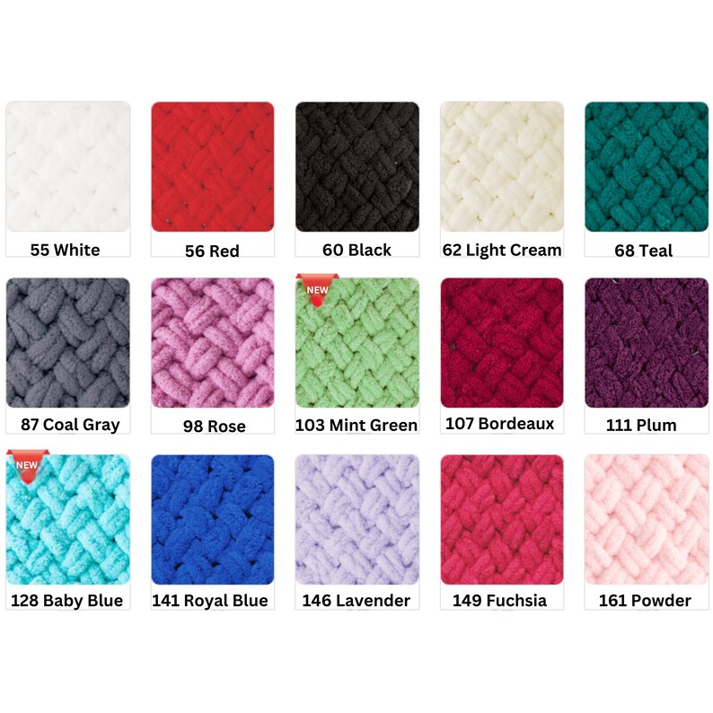 Puede incluir: Una colecci&oacute;n de lana de punto grueso en varios colores, incluyendo blanco, rojo, negro, crema claro, verde azulado, gris carb&oacute;n, rosa, verde menta, burdeos, ciruela, azul beb&eacute;, azul real, lavanda, fucsia y polvo. Cada color est&aacute; etiquetado con un n&uacute;mero.