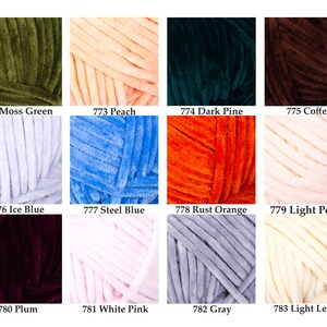 May include: A collection of plush yarn skeins in various colors, including moss green, peach, dark pine, coffee, ice blue, steel blue, rust orange, light peach, plum, white pink, gray, and light lemon. Each skein is labeled with a number.