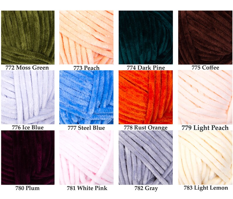 May include: A collection of plush yarn skeins in various colors, including moss green, peach, dark pine, coffee, ice blue, steel blue, rust orange, light peach, plum, white pink, gray, and light lemon. Each skein is labeled with a number.
