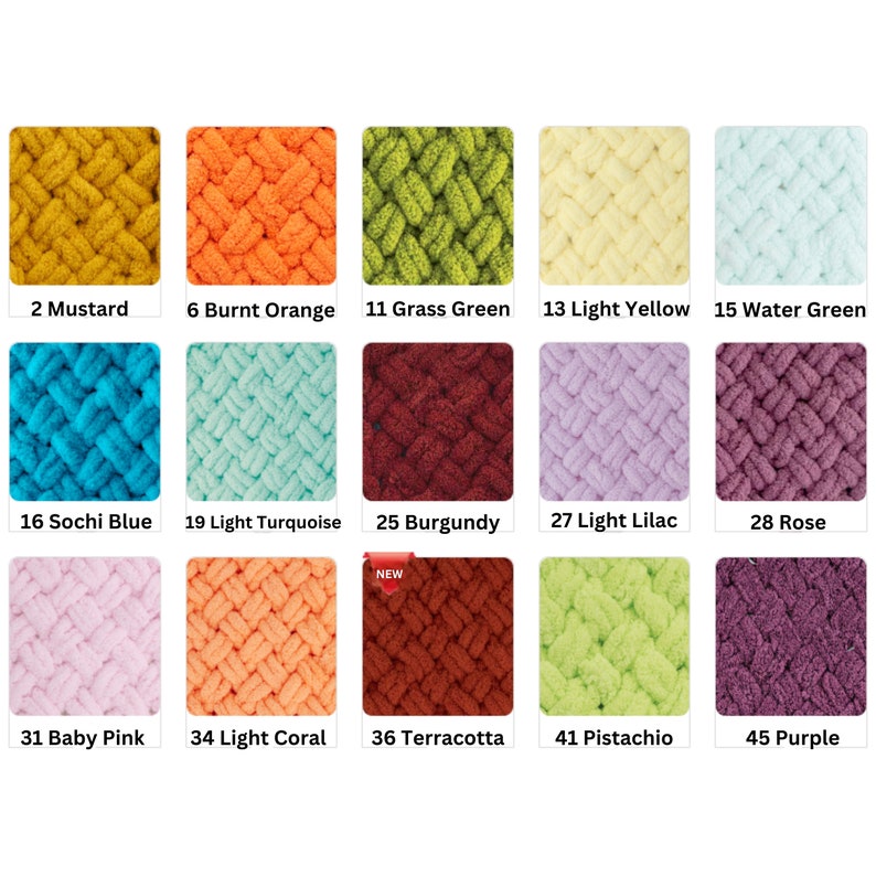 Puede incluir: Una colecci&oacute;n de muestras de hilo de punto grueso de colores. Los colores incluyen mostaza, naranja quemado, verde hierba, amarillo claro, verde agua, azul Sochi, turquesa claro, burdeos, lila claro, rosa, rosa beb&eacute;, coral claro, terracota, pistacho y morado.