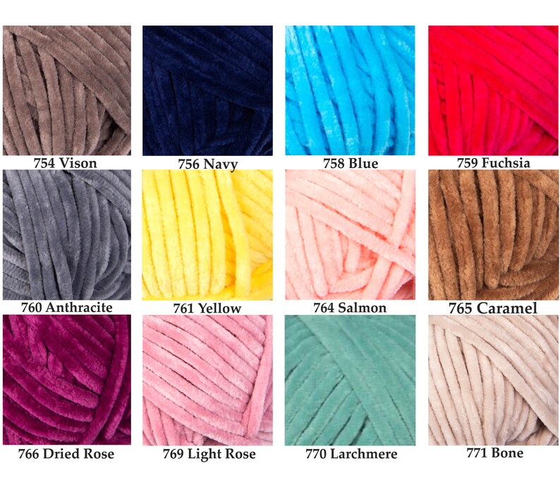 May include: A collection of colorful, plush yarn skeins in various shades, including Vison, Navy, Blue, Fuchsia, Anthracite, Yellow, Salmon, Caramel, Dried Rose, Light Rose, Larchmere, and Bone. Each skein is labeled with a number.