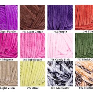 May include: A collection of colorful yarn skeins in various shades, including light purple, brown, purple, orange, magenta, pink, light pink, green, beige, yellow, black and white, and brown and white. Each skein has a corresponding number and color name.