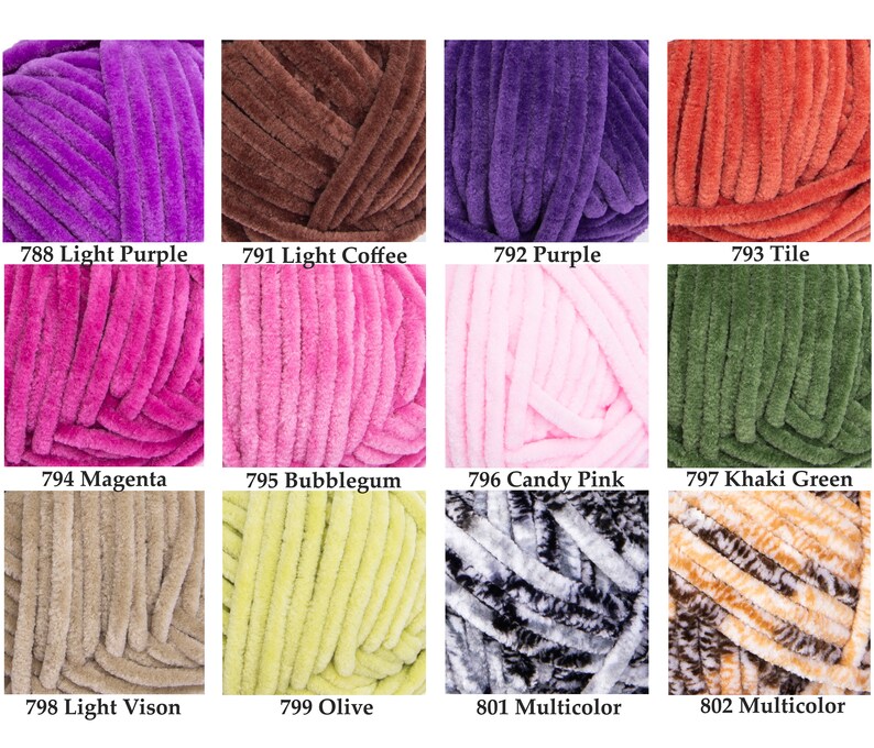 May include: A collection of colorful yarn skeins in various shades, including light purple, brown, purple, orange, magenta, pink, light pink, green, beige, yellow, black and white, and brown and white. Each skein has a corresponding number and color name.