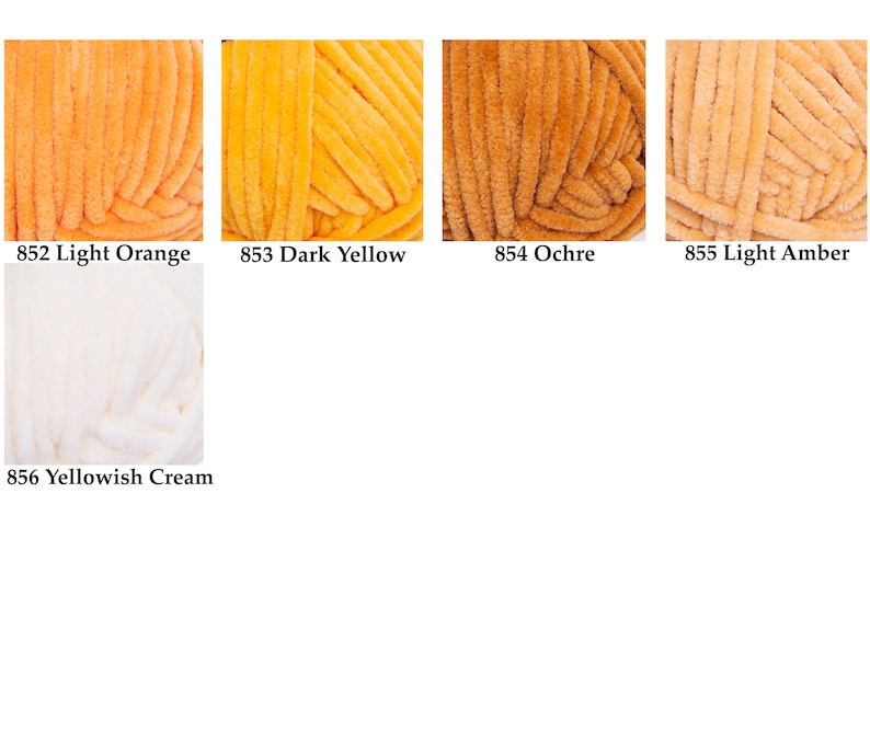May include: Close-up of six skeins of yarn in various shades of yellow, orange, and cream. The colors are labeled: Light Orange, Dark Yellow, Ochre, Light Amber, and Yellowish Cream. The yarn appears soft and textured.