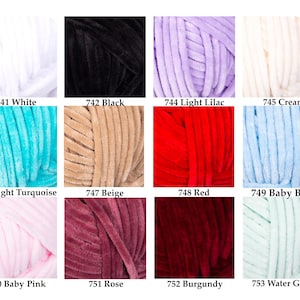 May include: A collection of plush yarn in various colors, including white, black, light lilac, cream, light turquoise, beige, red, baby blue, baby pink, rose, burgundy, and water green. Each color is labeled with a number.
