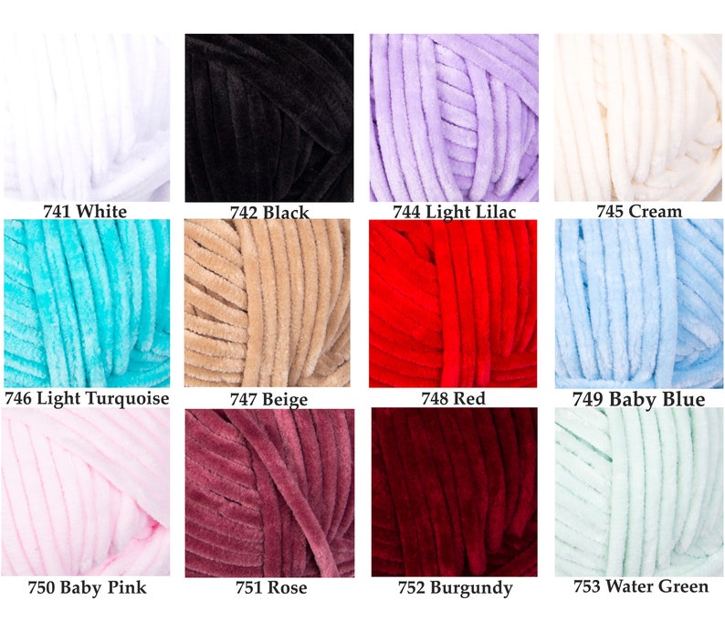 May include: A collection of plush yarn in various colors, including white, black, light lilac, cream, light turquoise, beige, red, baby blue, baby pink, rose, burgundy, and water green. Each color is labeled with a number.