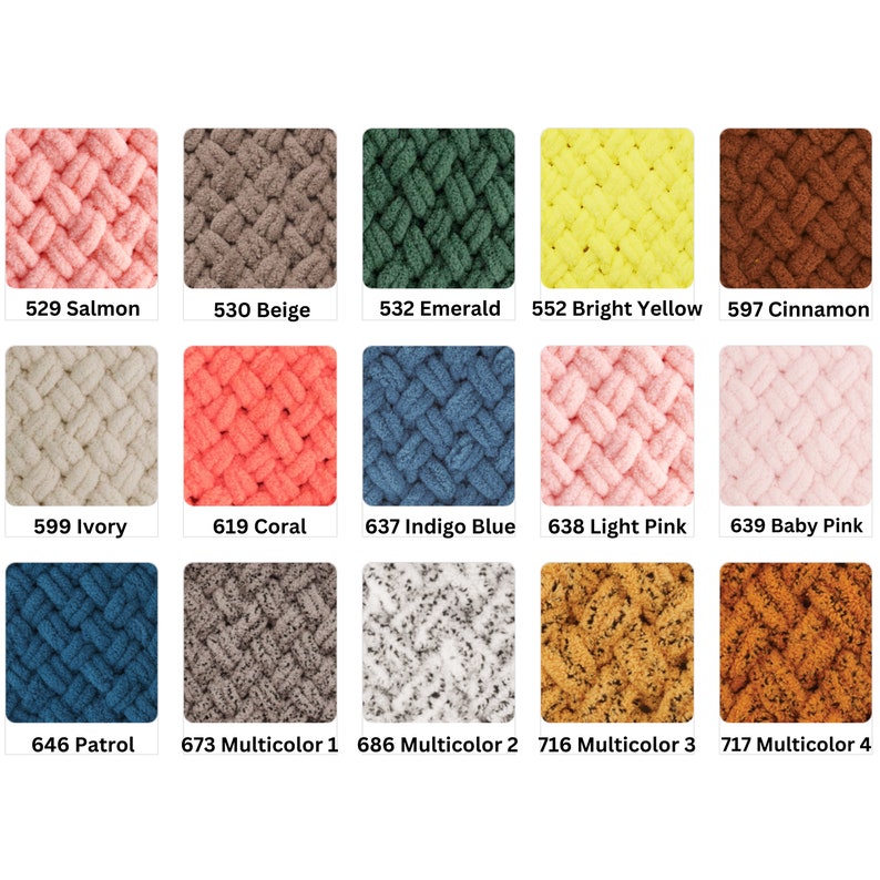 Puede incluir: Una colecci&oacute;n de lana de punto grueso en varios colores, incluyendo salm&oacute;n, beige, esmeralda, amarillo brillante, canela, marfil, coral, azul &iacute;ndigo, rosa claro, rosa beb&eacute;, patrulla y varias opciones multicolores. Cada color est&aacute; etiquetado con un n&uacute;mero.