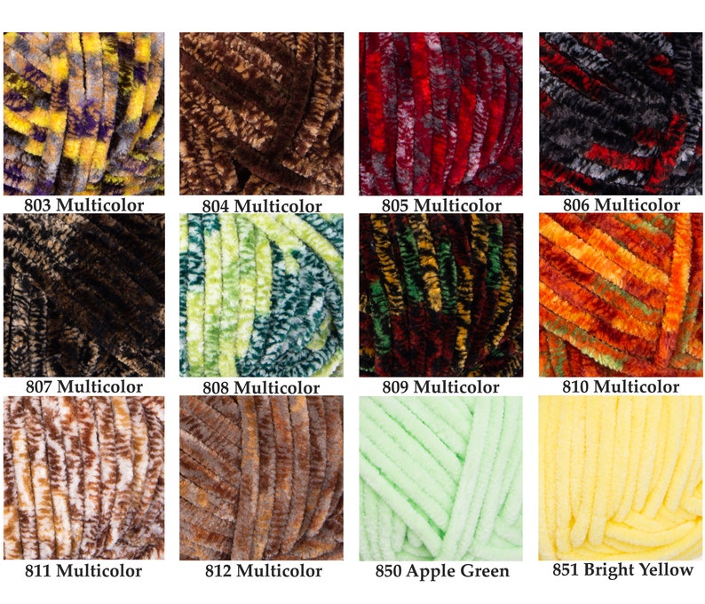 May include: A collection of colorful yarn skeins, each labeled with a number and the word "Multicolor" or a color name. The yarns display a variety of textures and shades, including yellow, brown, red, and green.