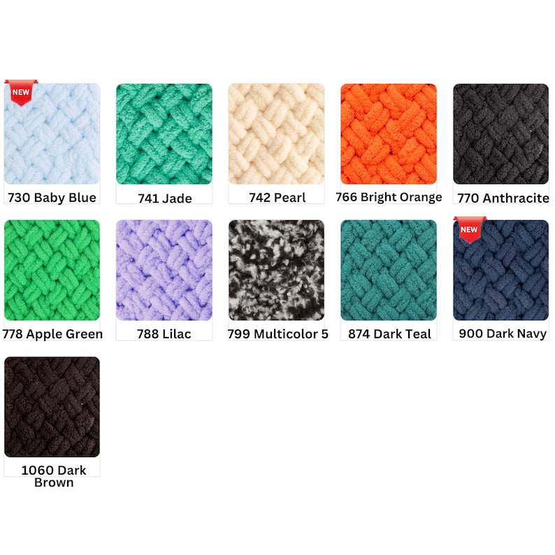 Puede incluir: Una colecci&oacute;n de muestras de hilo de punto grueso de colores. Los colores incluyen azul beb&eacute;, jade, perla, naranja brillante, antracita, verde manzana, lila, multicolor, verde azulado oscuro, azul marino oscuro y marr&oacute;n oscuro. Cada muestra tiene un n&uacute;mero.