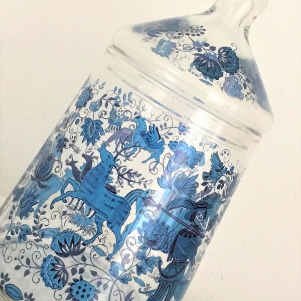 Vase en verre vintage avec imprimés bleus / pot avec couvercle / récipient élégant