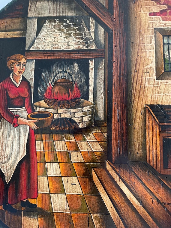R  Simonettoの油彩画 Painting on Wood by R. Simonetto / Painting of a Woman