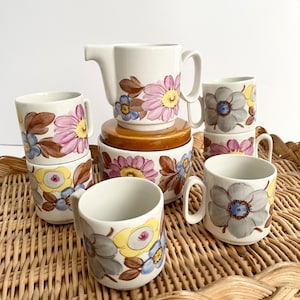 Vintage 70&#39;s Tognana Espresso Coffee Set / Italian Porcelain with Pink, Grey and Yellow Flowers