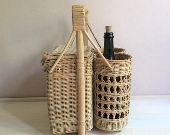 Antico Cesto di vimini per il pranzo con portabottiglie / Realizzato a mano negli Anni '50 / Wicker basket for food and bottles Molto raro