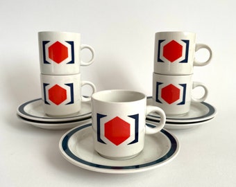 Vintage espresso porcelain cups Ceramiche Fontebasso made in Italy / white red and blue / coffee set