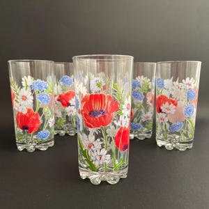 Set of six glass glasses with flower prints / Italian design De.val.bor vintage 80s