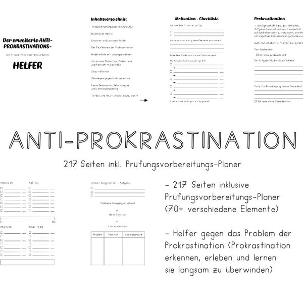 Erweiterter Anti Prokrastination - Helfer | digitale Anti-Prokrastinationsplaner für mehr Produktivität - inkl. Prüfungsvorbereitungsplaner