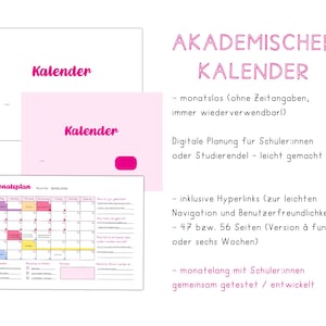 Digitaler akademischer Kalender - pink - datumslos - ohne Zeitangaben | mit Hyperlinks | für GoodNotes 5 Notability | + Seiten | iPad Tablet