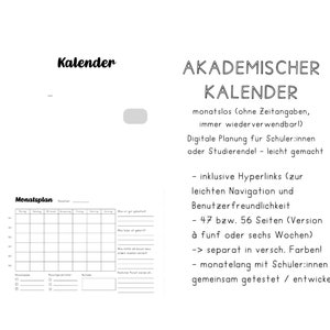 Könnte beinhalten: Schwarzweißes druckbares akademisches Kalender-Template mit dem Text "Akademicher Kalender" und "Monatsplan". Der Kalender ist für Schüler konzipiert und enthält Hyperlinks für eine einfache Navigation.
