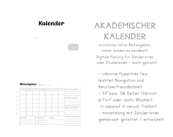 Digital academic calendar - dateless - without time information | with hyperlinks | for GoodNotes 5 Notability | + pages | iPad Tablet