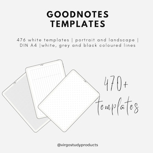 Può includere: Tre modelli Goodnotes per prendere appunti digitali. I modelli sono bianchi con diversi schemi di griglia. Il testo recita "476 modelli bianchi | ritratto e paesaggio | DIN A4 | linee bianche, grigie e nere" e "470+ modelli".