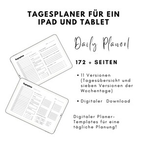 May include: Digital daily planner templates for iPad and tablet. The image shows two digital planner layouts with the text "Daily Planner!" and "172 + PAGES". Includes 11 versions and a digital download.