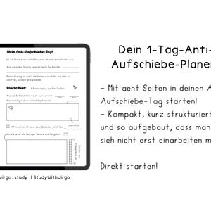 Könnte beinhalten: Ein digitaler Planer auf einem Tablet mit dem Text "Mein Anti-Aufschiebe-Tag!" und "Dein 1-Tag-Anti-Aufschiebe-Planer". Der Planer soll bei der Prokrastination helfen. Der Text "@virgo_study | StudywithVirgo" ist ebenfalls sichtbar.