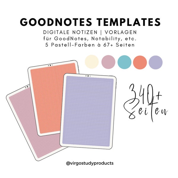 Digitale Vorlagen 340+ Templates | 5 Farben | 150 + Sticker |GoodNotes, Notability IPad/Tablet | A4 | liniert, kariert, dotted, blanko, etc.