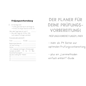 May include: A white planner with German text, designed for exam preparation. The planner includes sections for self-reflection, prioritizing study material, and tracking progress. It also features a guide for learning methods.