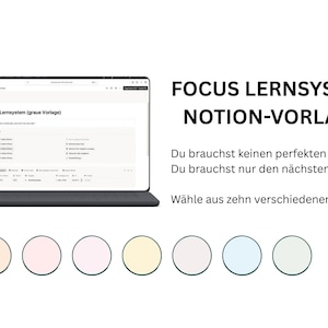Könnte beinhalten: Ein Laptop zeigt eine Notion-Vorlage mit dem Text "FOCUS LERNSYSTEM NOTION-VORLAGE." Das Bild enthält eine Farbpalette mit zehn Optionen. Der Text fordert die Benutzer auf, aus zehn verschiedenen Farben zu wählen.