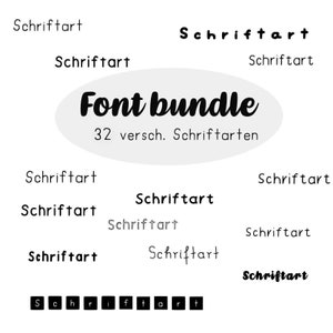 Könnte beinhalten: Ein weißer Hintergrund mit dem Text "Font bundle" in schwarzer, fetter, kursiv geschriebener Schrift. Unter dem Text steht "32 versch. Schriftarten" in schwarzer, normaler Schrift. Das Bild ist umgeben von dem Wort "Schriftart", das in schwarzer, normaler Schrift wiederholt wird.
