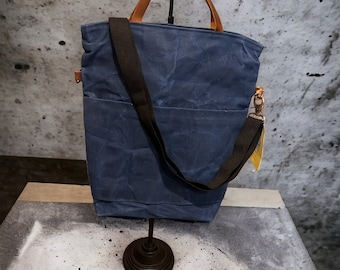 Blue waxed canvas tote