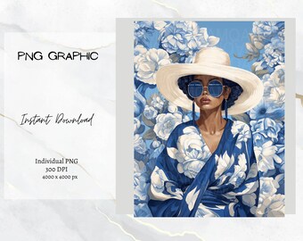 Black Woman in Blue and White, Sisterhood, Sorority Clipart, Sorors, Garden Party, Floppy Hat, African American Woman, Black Sorority