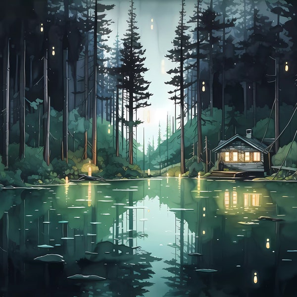 Forest at Night Small Wood Cabin | Lake Reflection Scenery | Digital Download | Instant Delivery