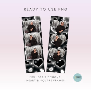 May include: Two photo booth strip designs. One features square frames, the other heart-shaped frames. Each design includes three photos of a person in a black jacket and glasses. The backgrounds are black and white with hearts and stars. Text reads "READY TO USE PNG" and "INCLUDES 2 DESIGNS: HEART & SQUARE FRAMES."
