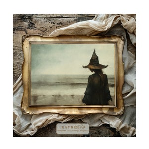 Vorabend von Halloween, Hexe, Hexenhut am Meer, schwermütig, Vintage, herunterladbare, digitale Kunst, Druck, Herbst, Gothic, Dark Academia, bedruckbar