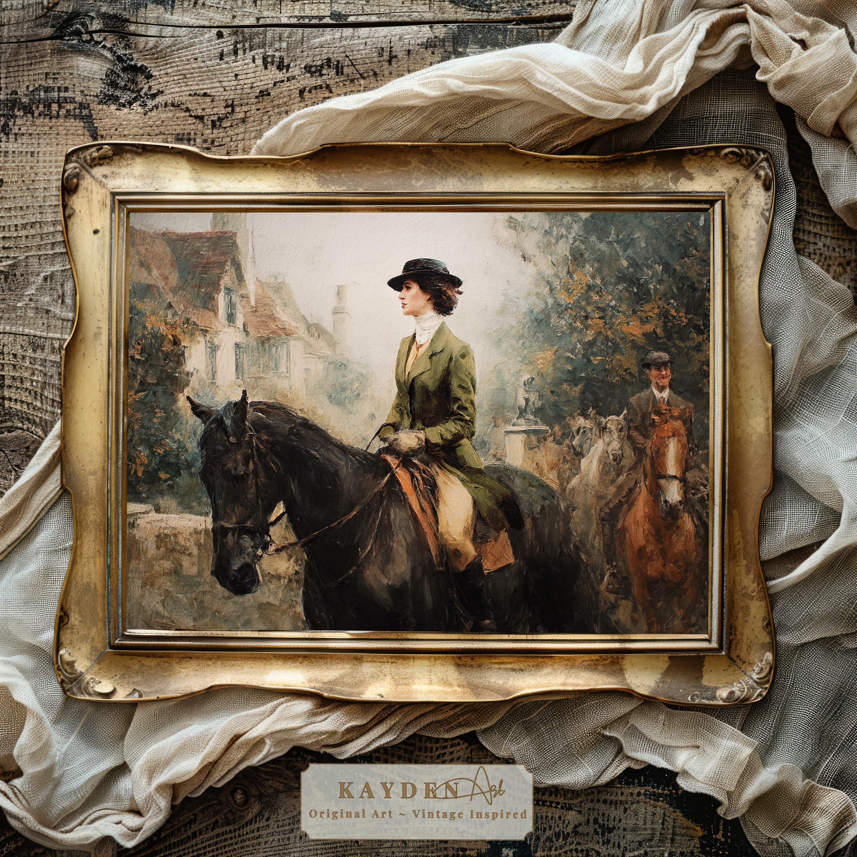 Vintage Art Print Elegant Woman Riding Horse in English Countryside ...