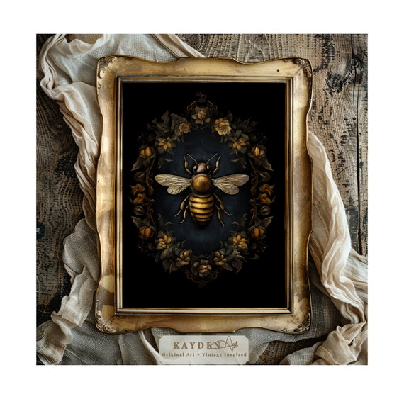 Original Vintage Bee Art with flowers, Art Deco Style, Vintage Inspired Artwork print, Digital Wall Decor, Self Print, Rustic, Traditional