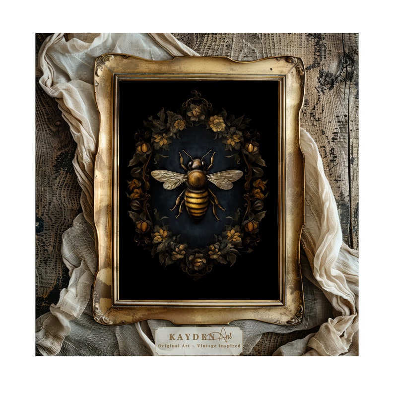 Original Vintage Bee Art with flowers, Art Deco Style, Vintage Inspired Artwork print, Digital Wall Decor, Self Print, Rustic, Traditional