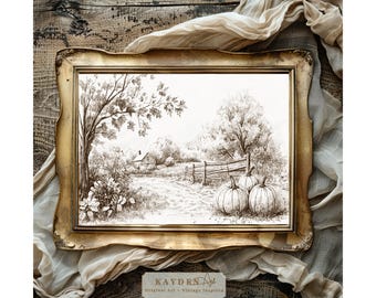 Vintage Style Fall  Autumn Halloween Scene Brown Toile' Wall Art Pumpkin, Country Downloadable Print Rustic Home Décor Printable