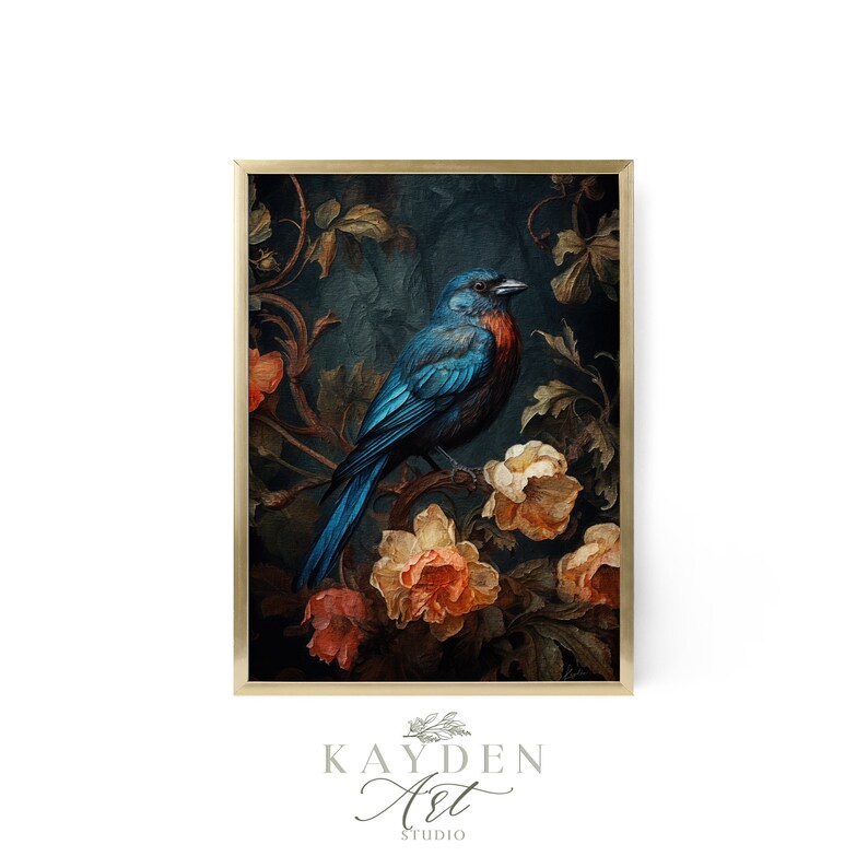 Vintage Blue Bird Dark Aesthetic Art Print, Digital Download, Cottagecore, Traditional, Victorian Styling, Home Decor Wall Art, Original Art